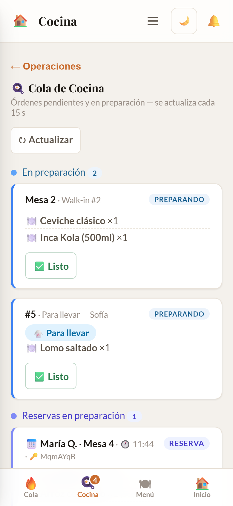 Cola de Cocina desde el celular, con los pedidos en preparación