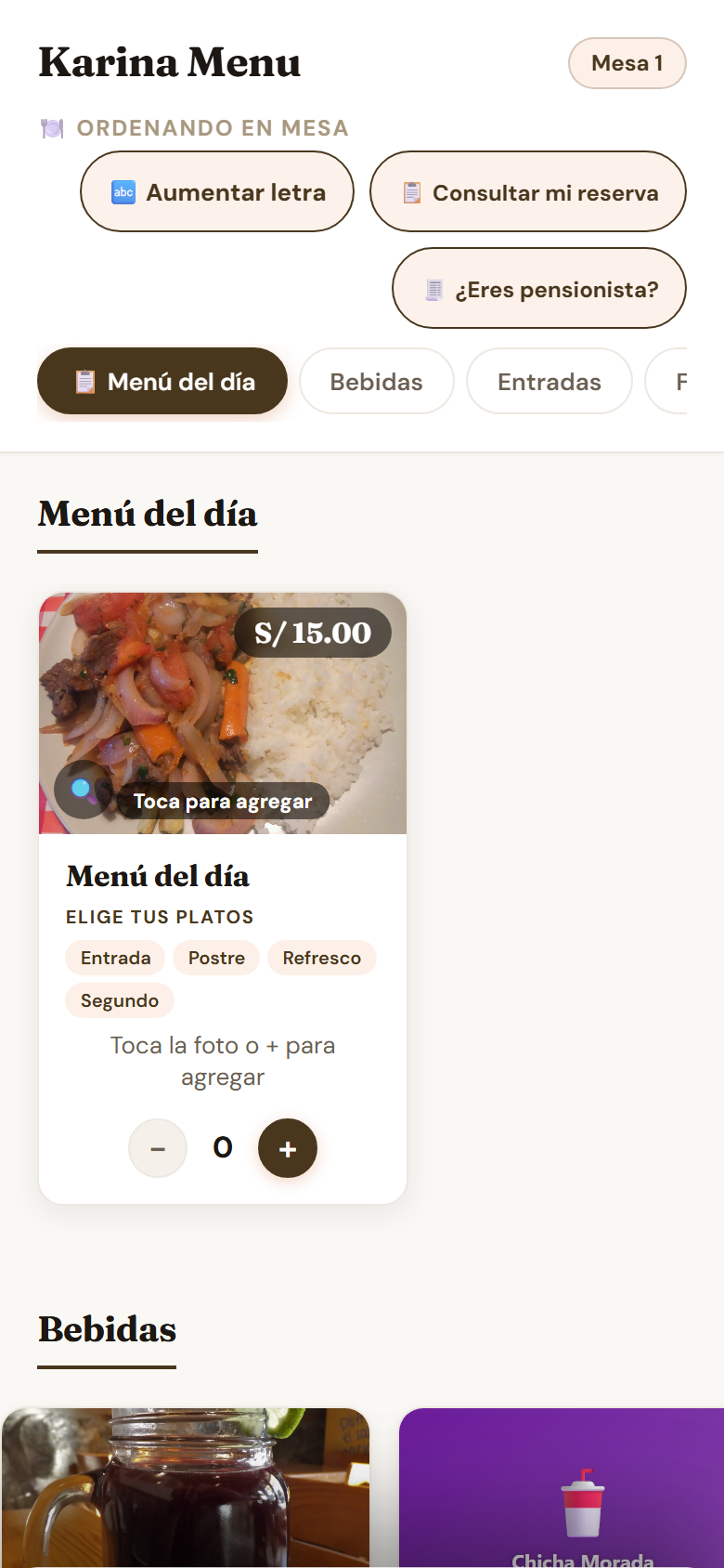 Menú de Karina Menú desde el celular del cliente, con el menú del día y su precio